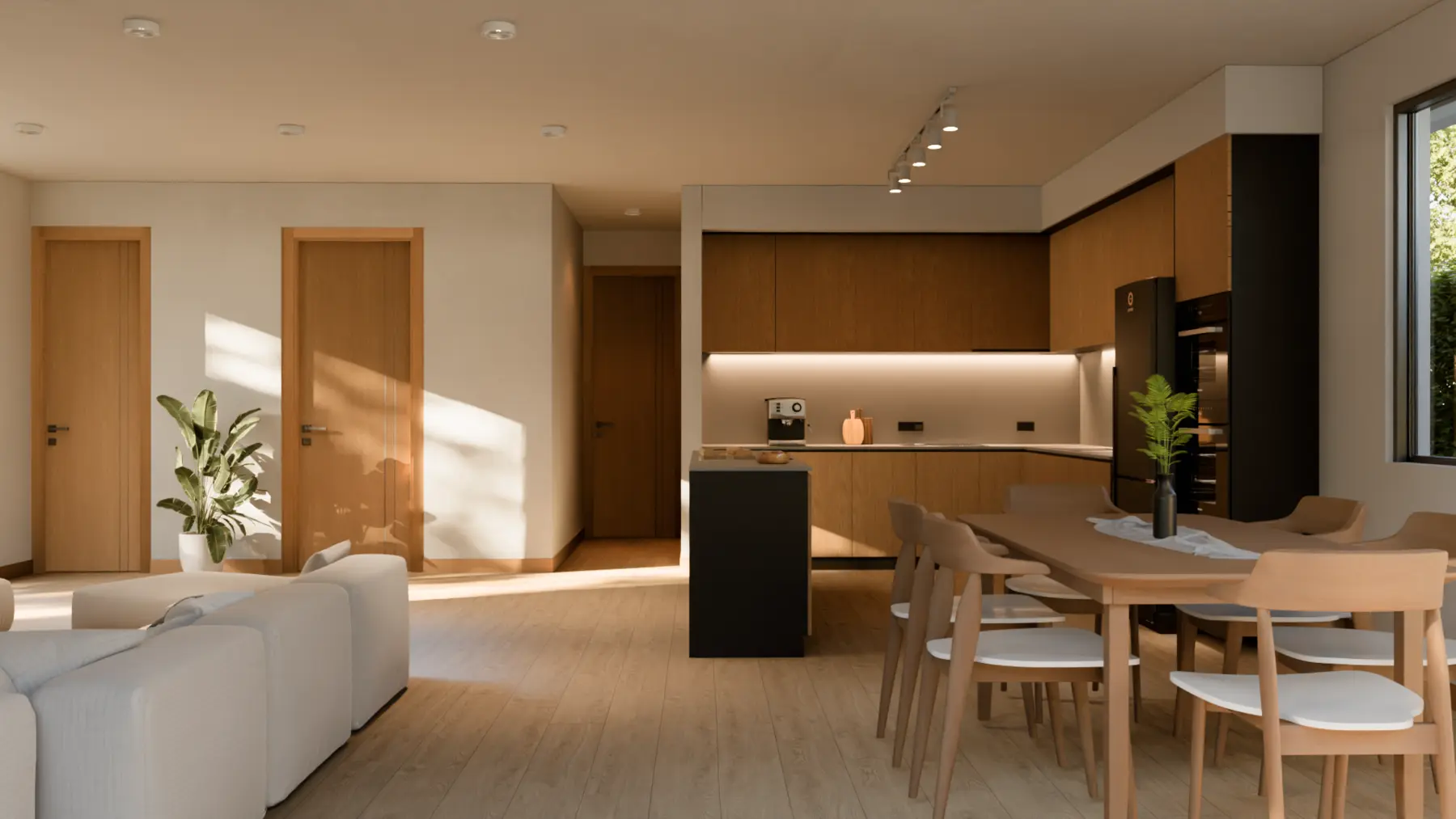 Living, kitchen and dining, open plan