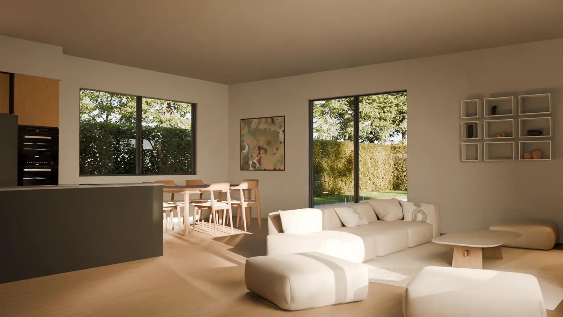 Living room, seating area and garden view