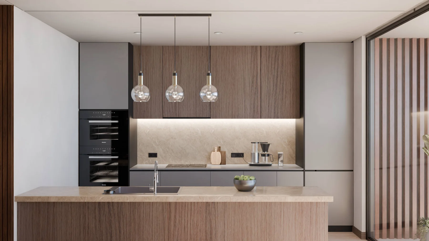Kitchen with stone island, matte grey cabinetry and timber fronts