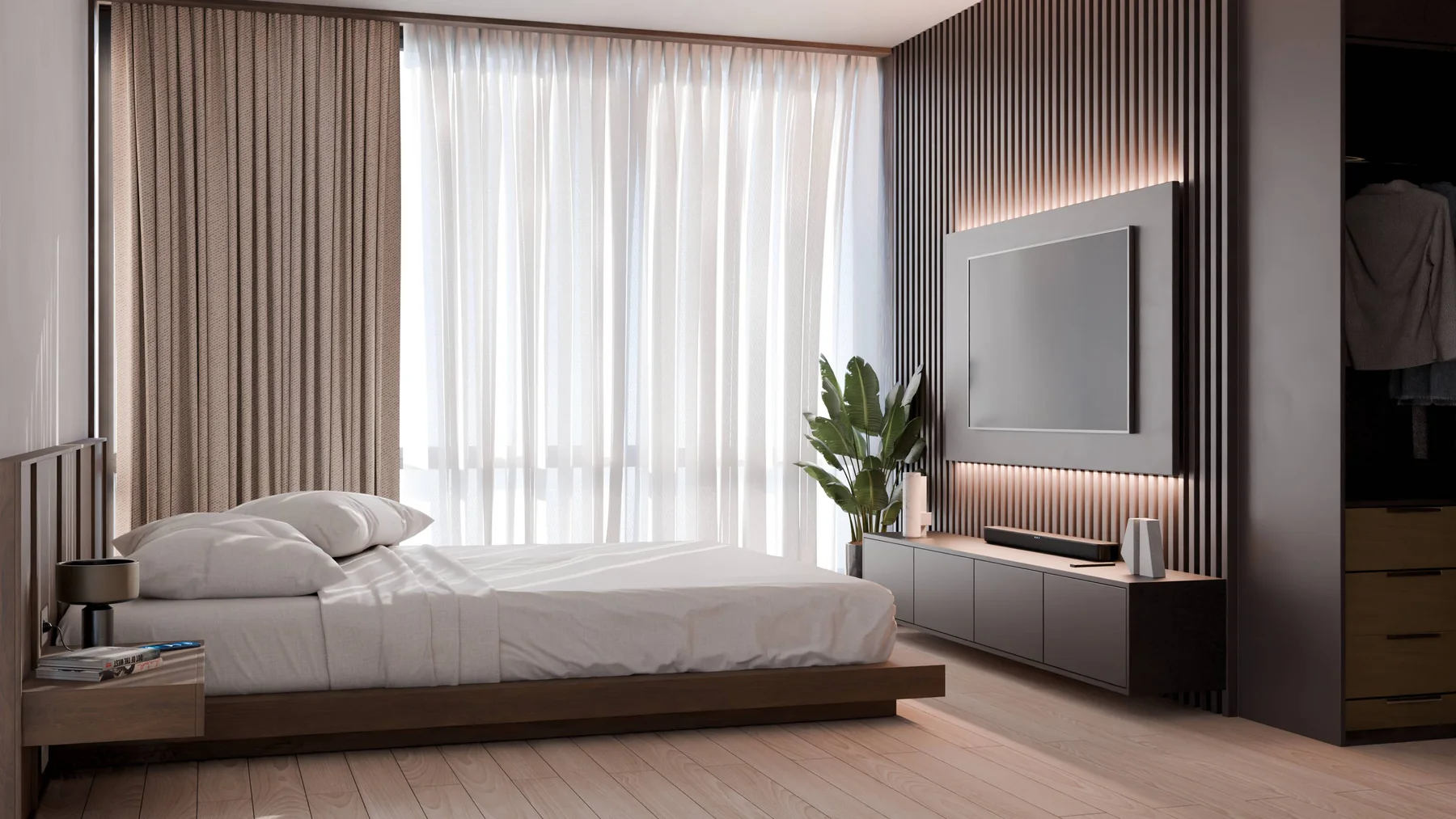 Main bedroom with slatted feature wall, sheer curtains and platform bed