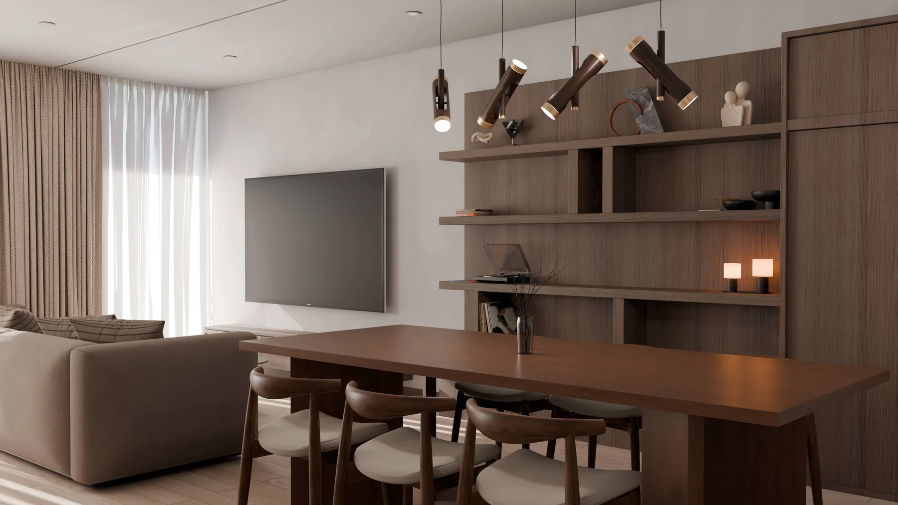 Living and dining area with timber shelving wall and pendant lighting