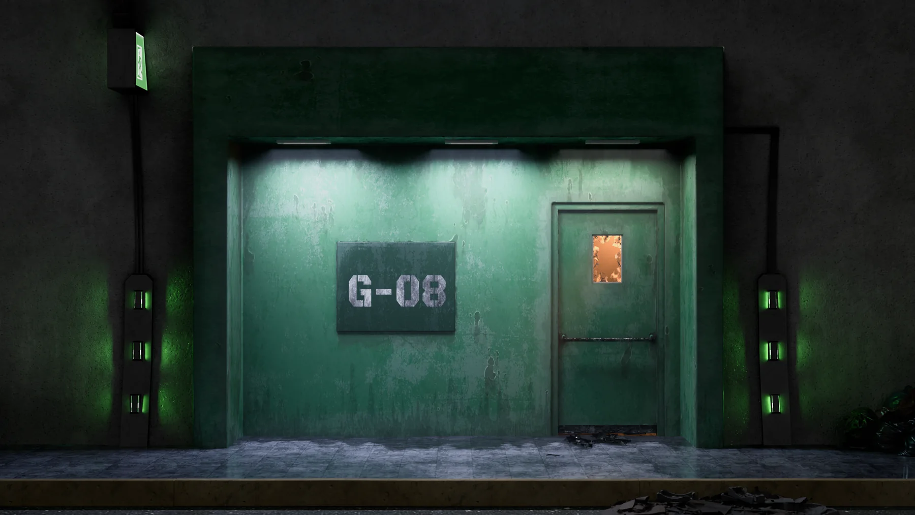 Front view of the G-08 gate, lit signage and emergency door