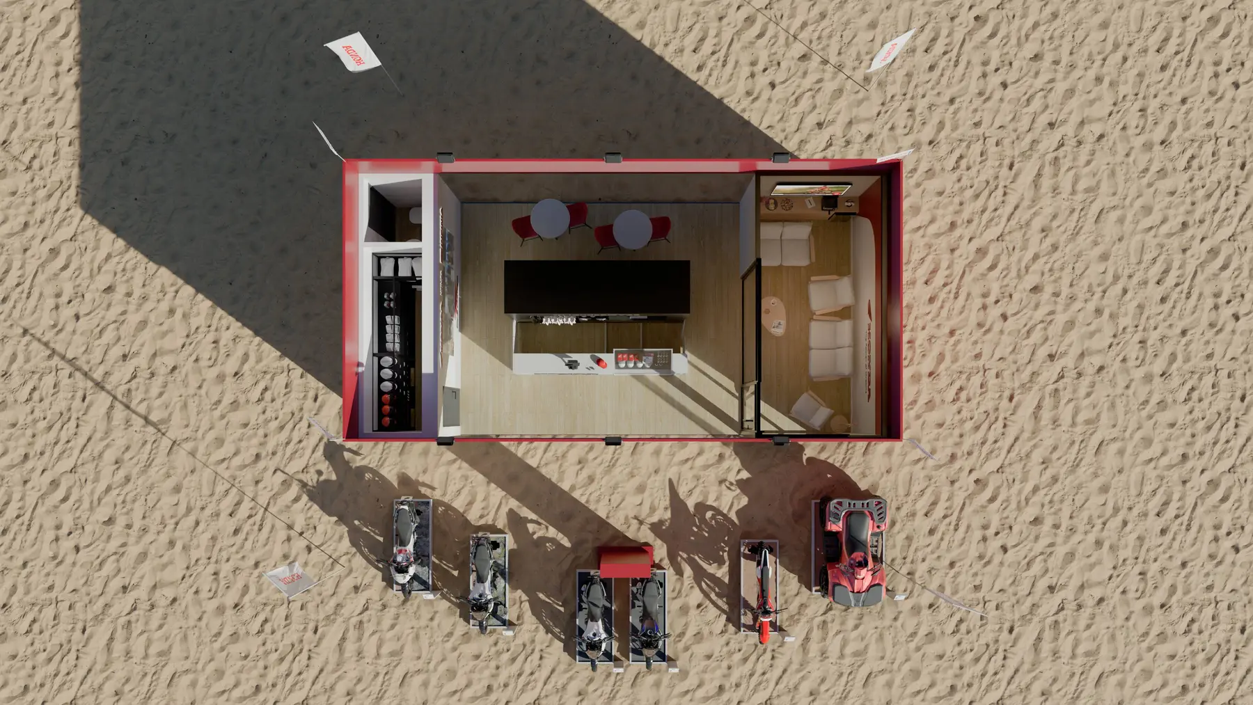 Aerial view, full layout and vehicle staging